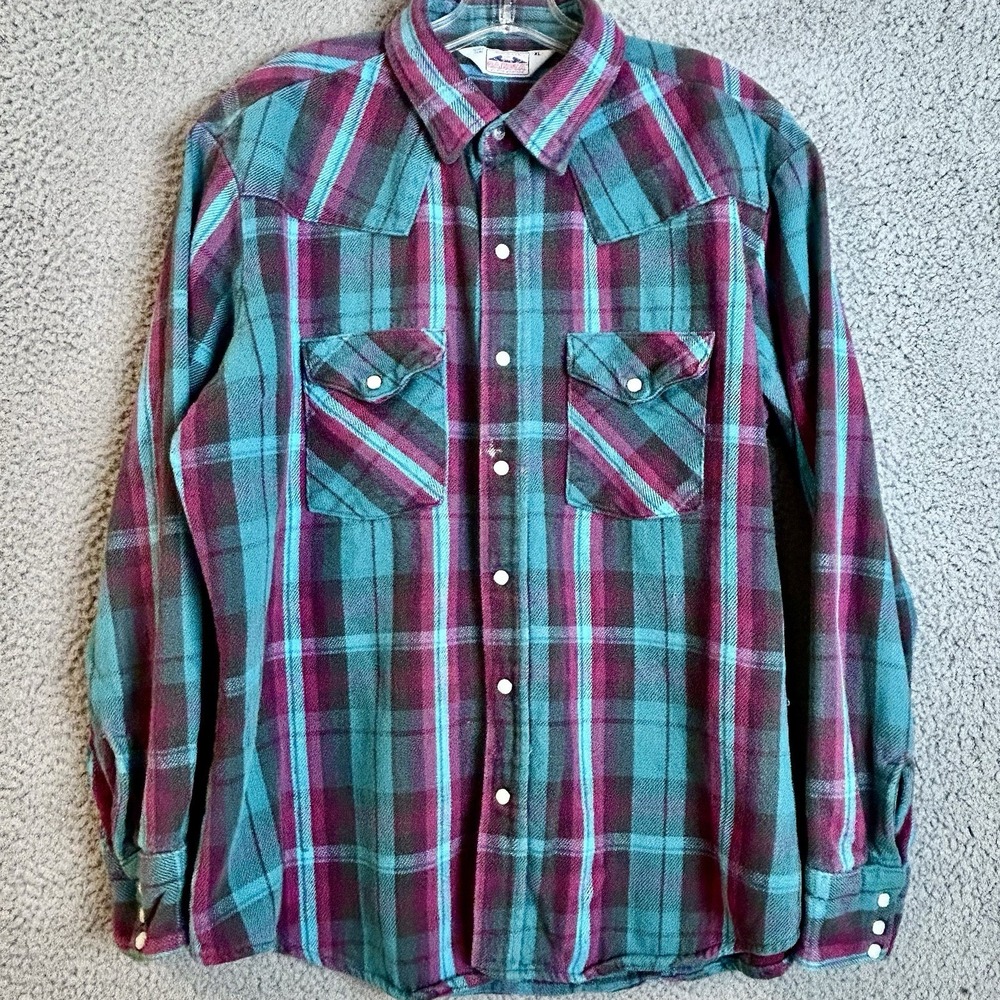 Vintage Western Flannel Shirt Pearl Snap Heavy Weight Dakota Mens XL Made In USA